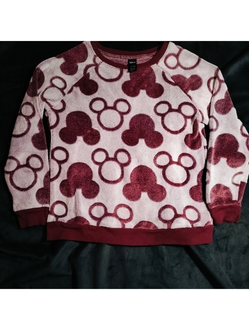Disney Cozy Plush Mickey-Style Mouse Fleece Pullover Sweater Burgundy 100% Small